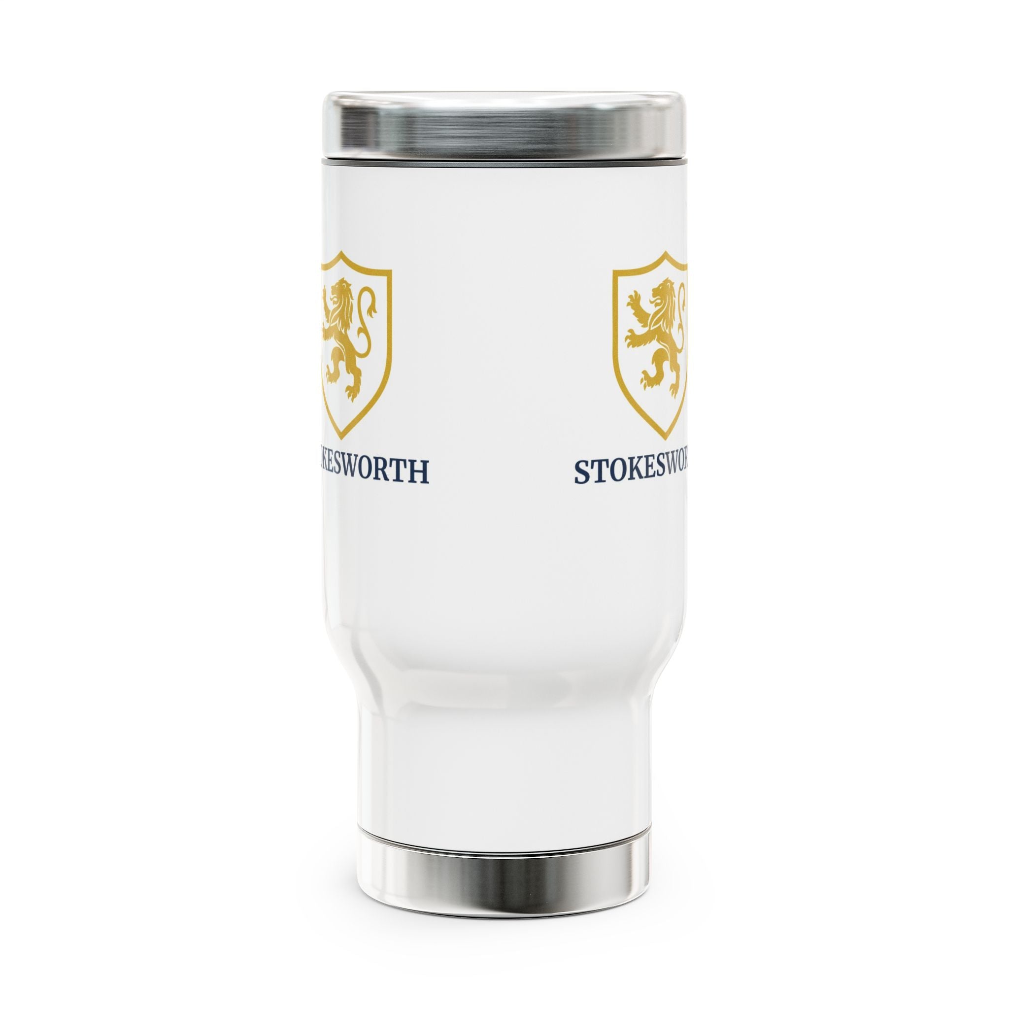 Stokesworth Crest Stainless Steel Travel Mug — 14oz Insulated Mug with Handle