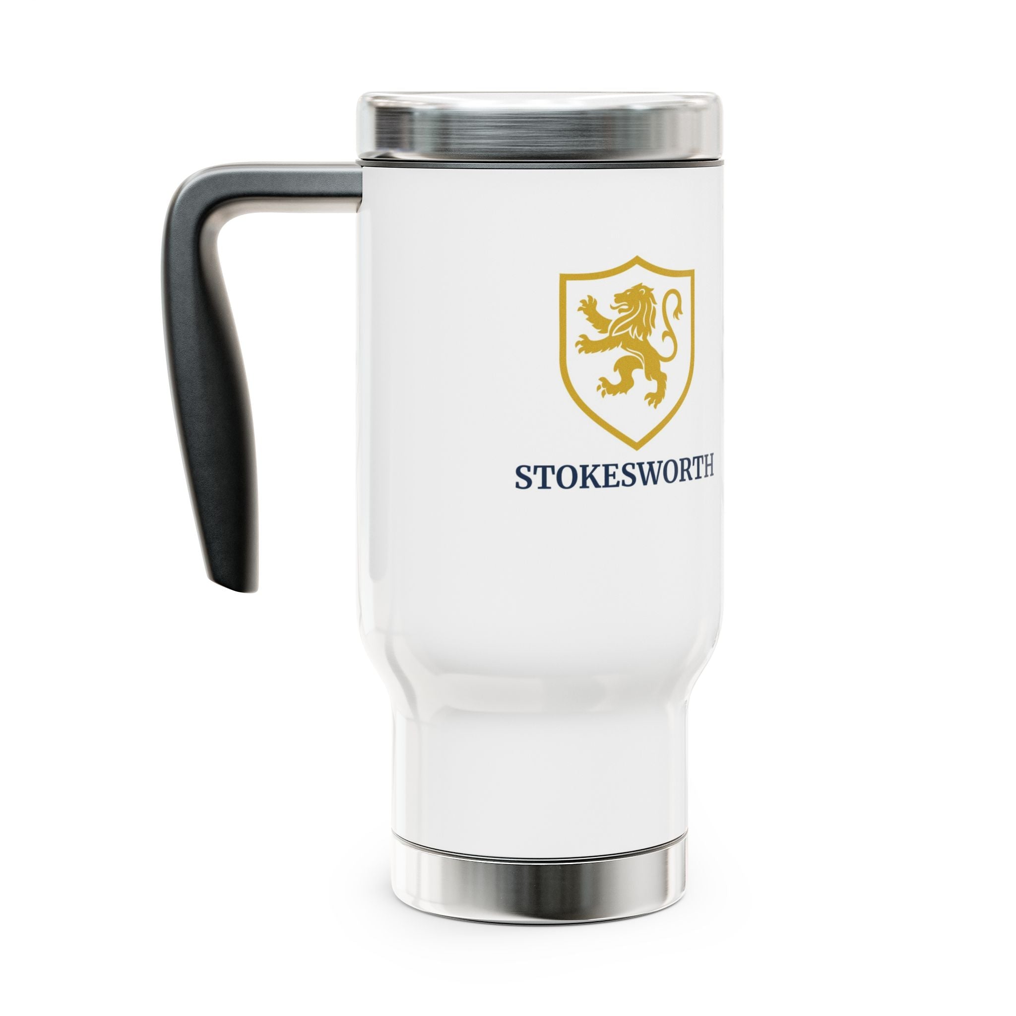 Stokesworth Crest Stainless Steel Travel Mug — 14oz Insulated Mug with Handle