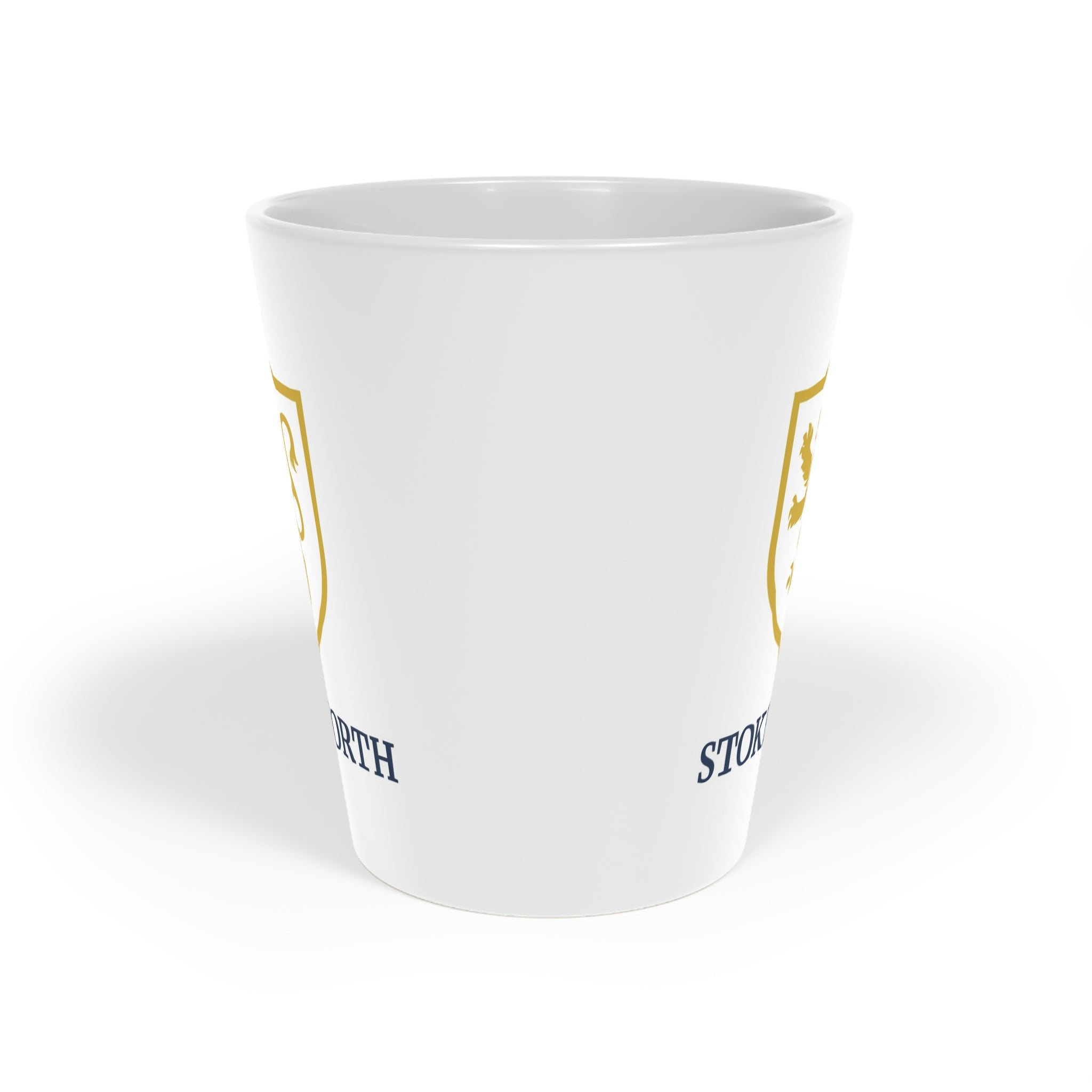 Gold Lion Crest Latte Mug — 12oz Ceramic Coffee Cup (Stokesworth)