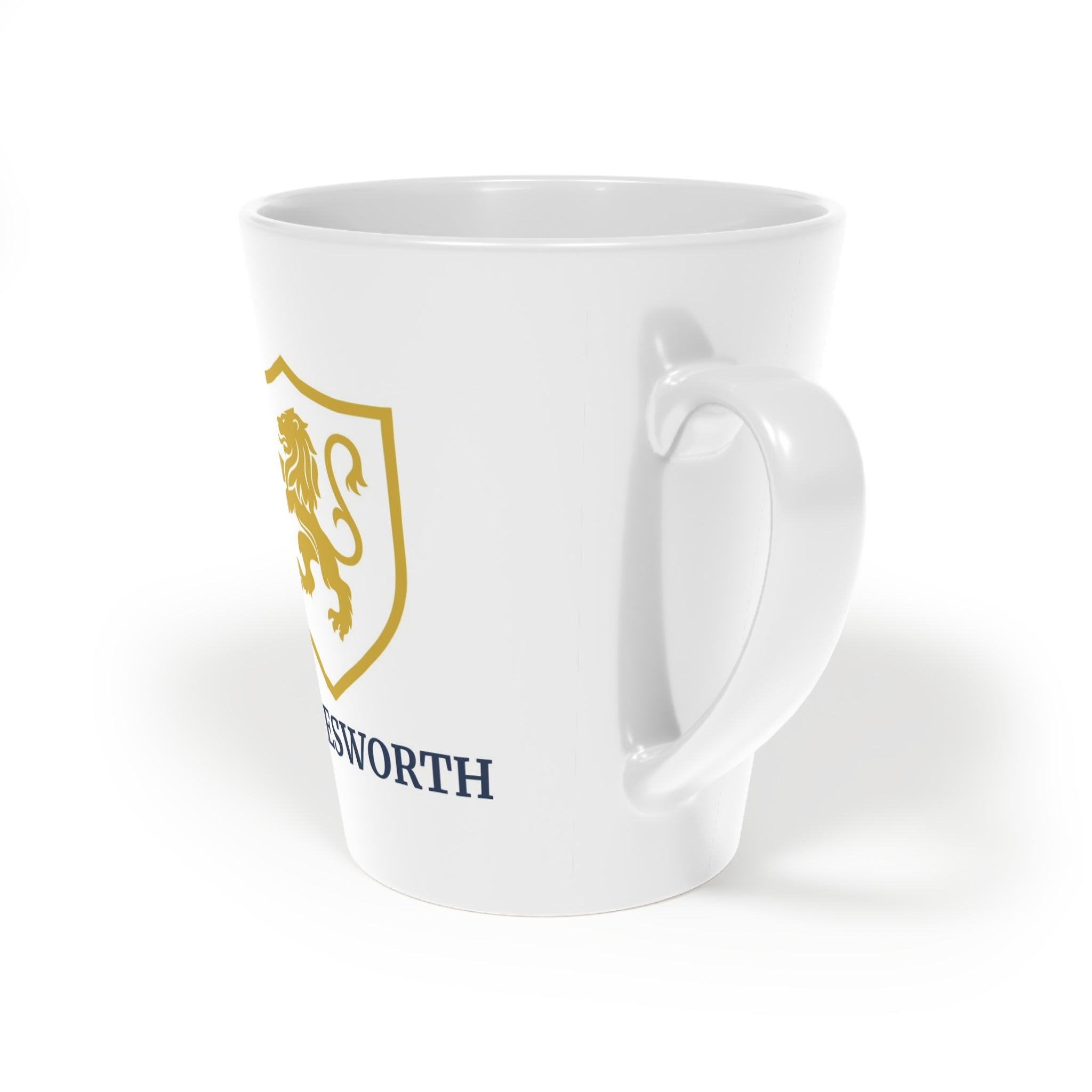 Gold Lion Crest Latte Mug — 12oz Ceramic Coffee Cup (Stokesworth)