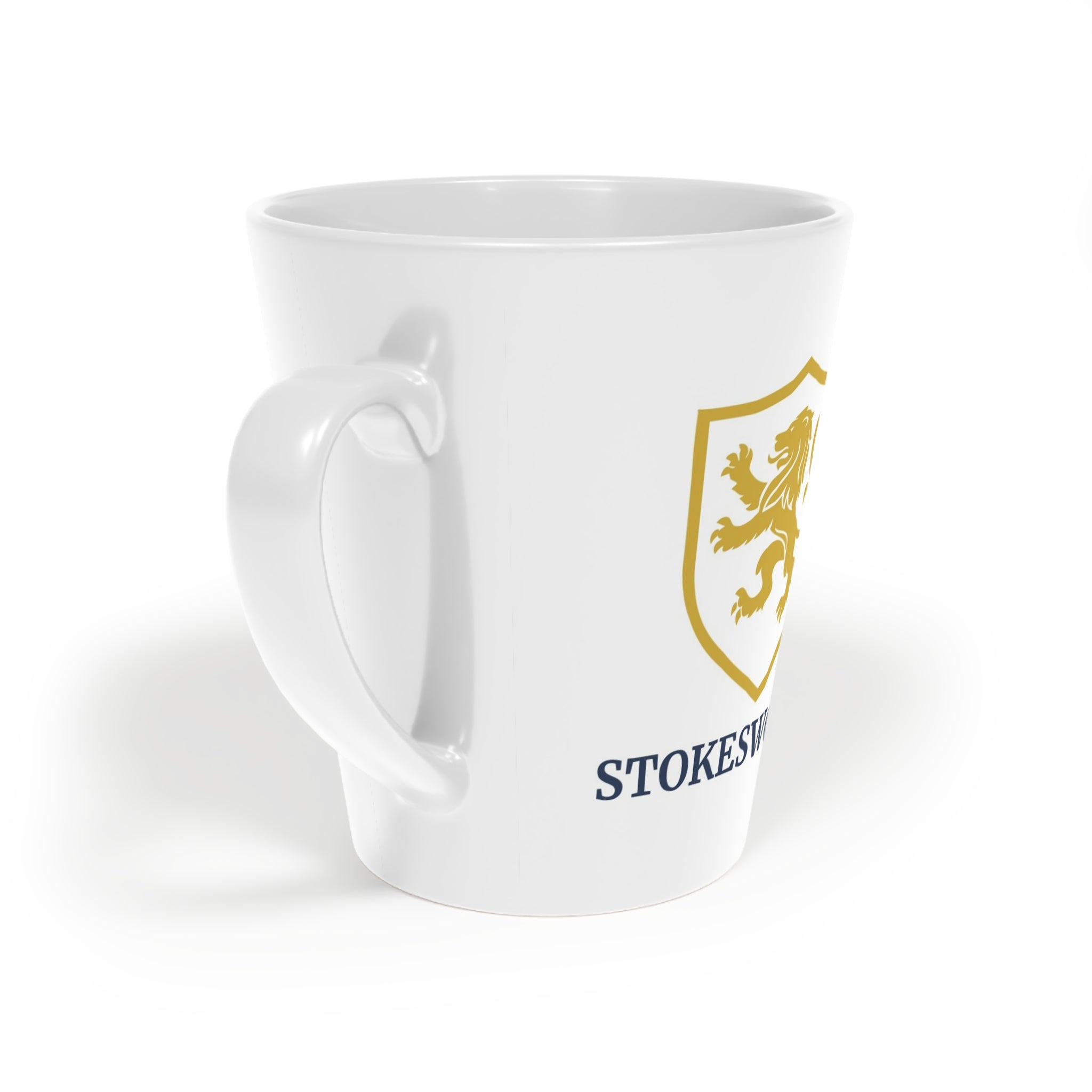 Gold Lion Crest Latte Mug — 12oz Ceramic Coffee Cup (Stokesworth)