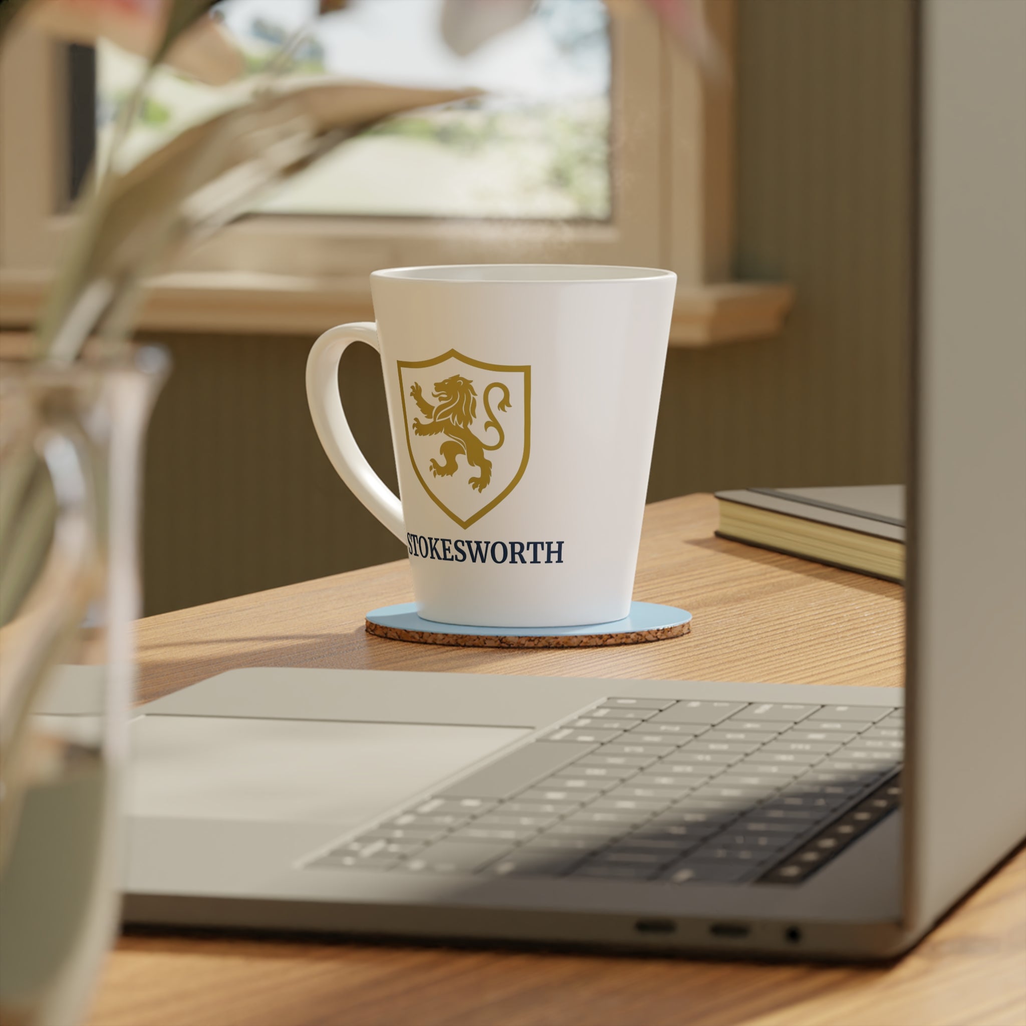 Gold Lion Crest Latte Mug — 12oz Ceramic Coffee Cup (Stokesworth)