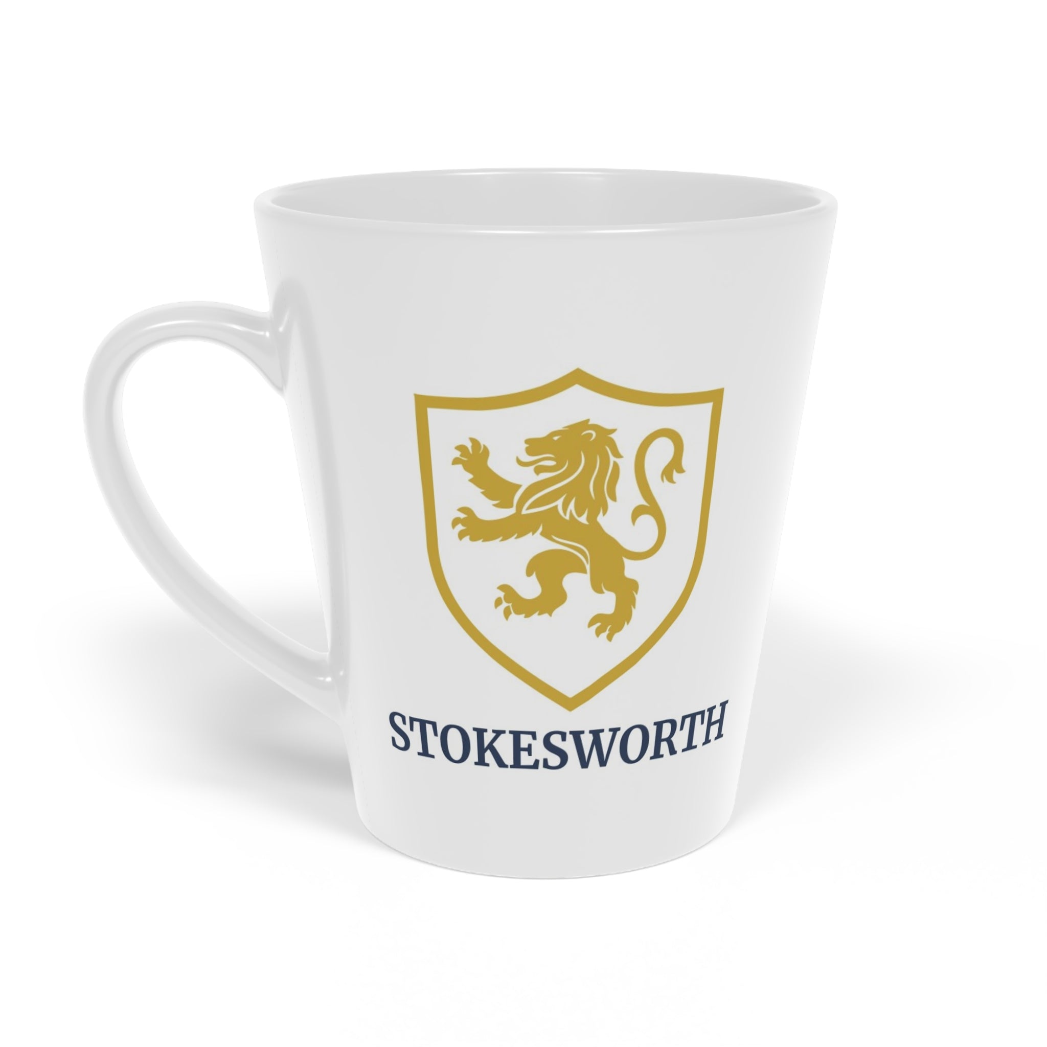 Gold Lion Crest Latte Mug — 12oz Ceramic Coffee Cup (Stokesworth)