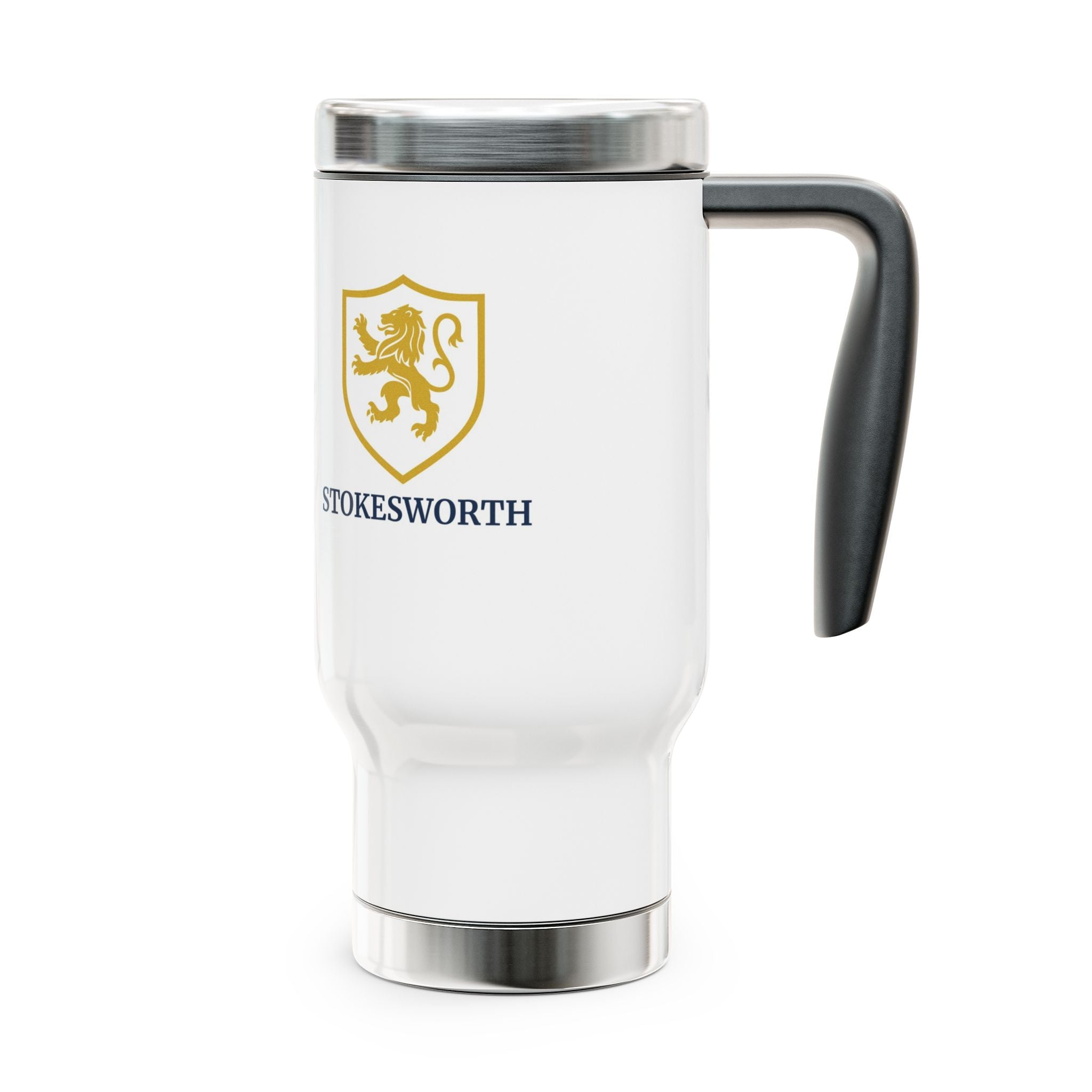 Stokesworth Crest Stainless Steel Travel Mug — 14oz Insulated Mug with Handle