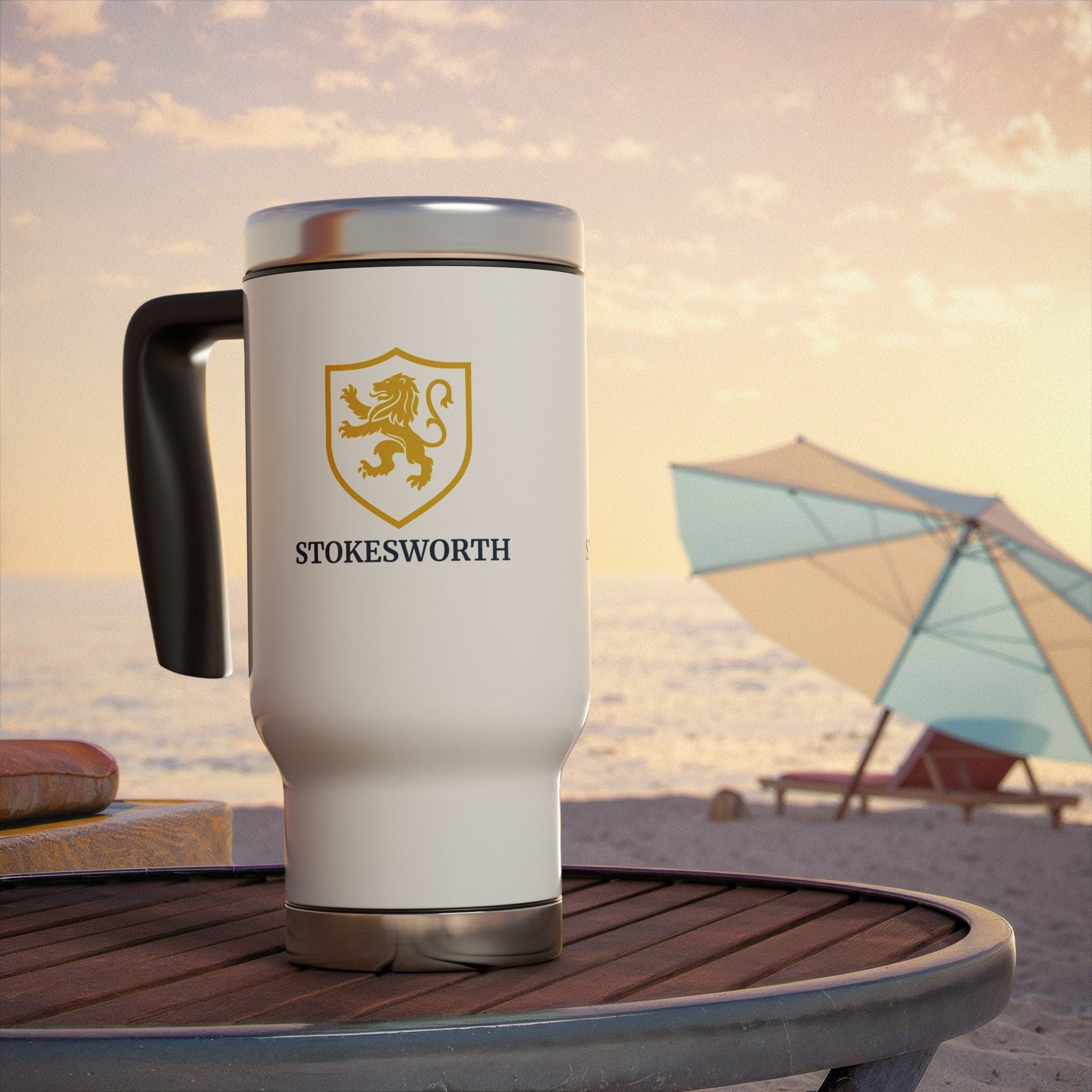 Stokesworth Crest Stainless Steel Travel Mug — 14oz Insulated Mug with Handle