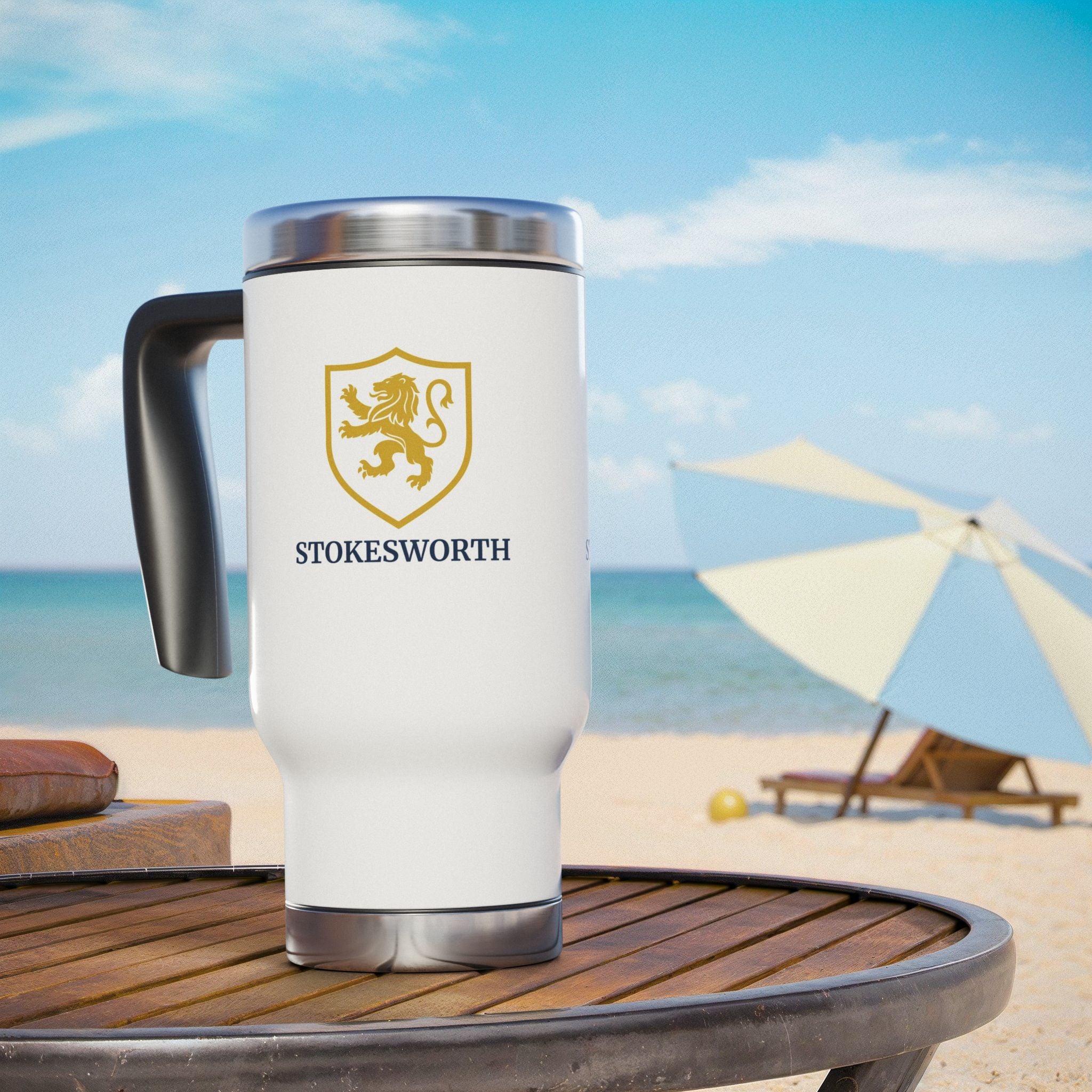 Stokesworth Crest Stainless Steel Travel Mug — 14oz Insulated Mug with Handle