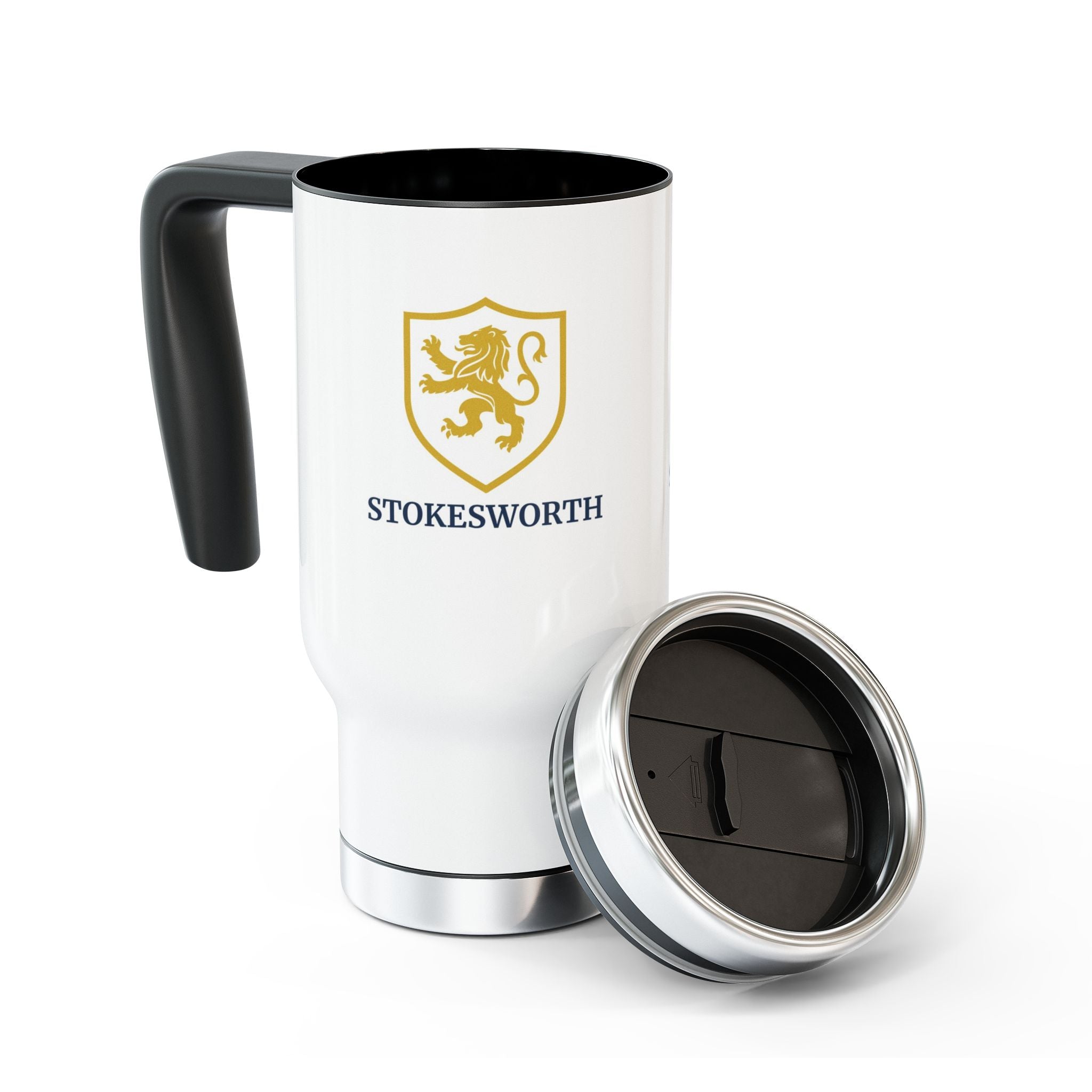 Stokesworth Crest Stainless Steel Travel Mug — 14oz Insulated Mug with Handle