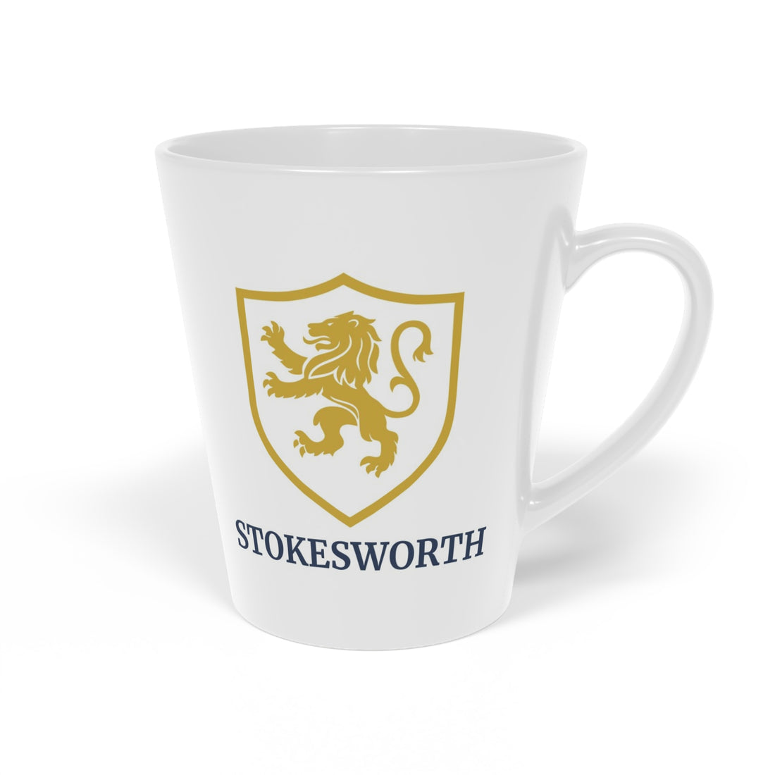 Gold Lion Crest Latte Mug — 12oz Ceramic Coffee Cup (Stokesworth)
