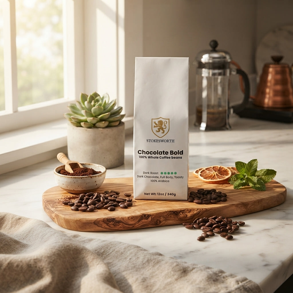 A bag of Stoneworth Chocolate Bold whole bean coffee stands on a wooden cutting board on a marble countertop, surrounded by coffee beans, a small bowl of coffee powder, dried orange slices, mint leaves, and a potted succulent in a bright kitchen setting.