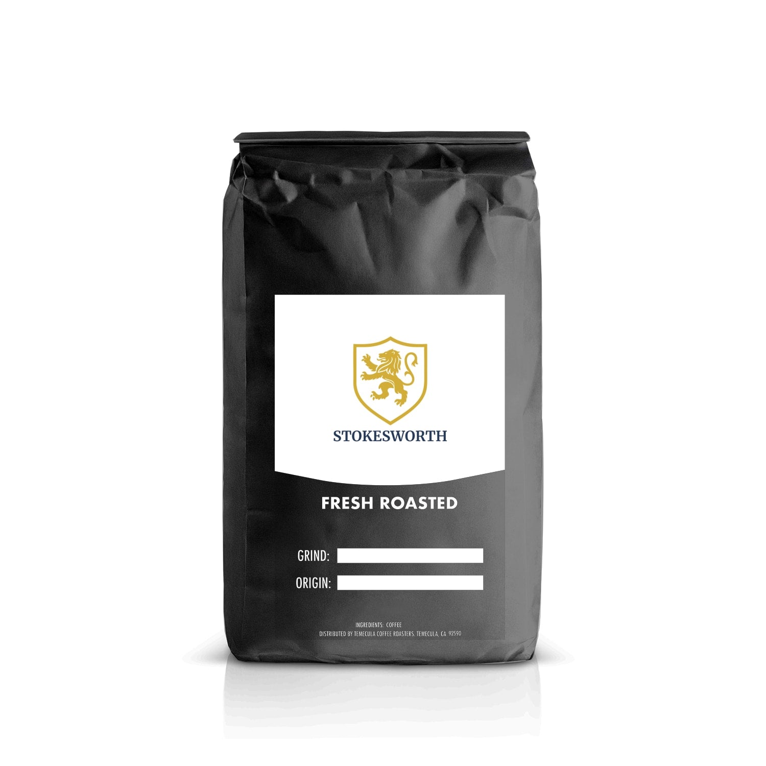 Black coffee bag with F.T.M. Coffee Co. label on a white background